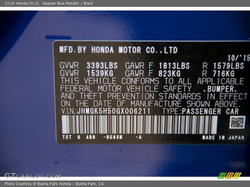 2016 Fit LX Aegean Blue Metallic Color Code B593M