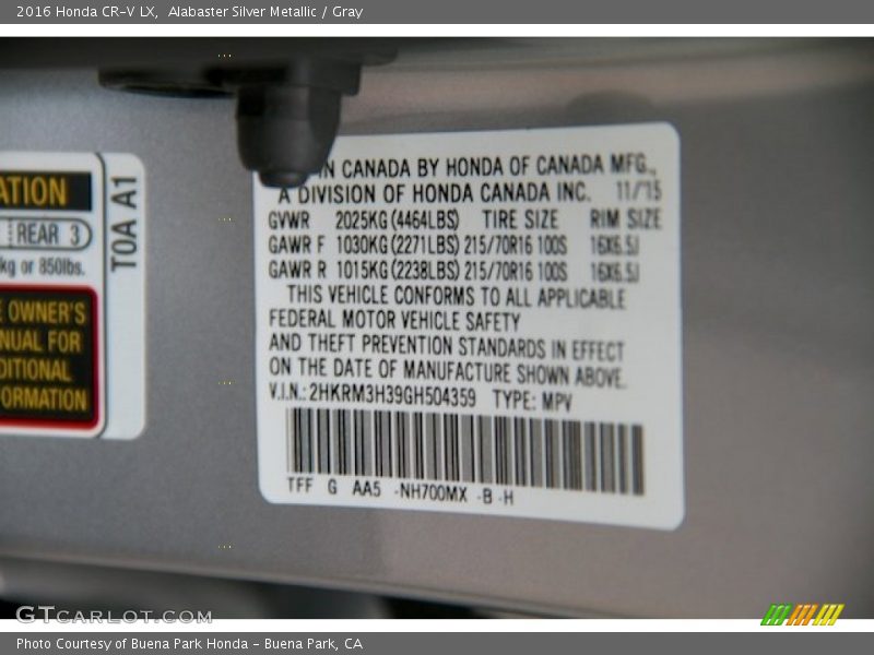 Alabaster Silver Metallic / Gray 2016 Honda CR-V LX
