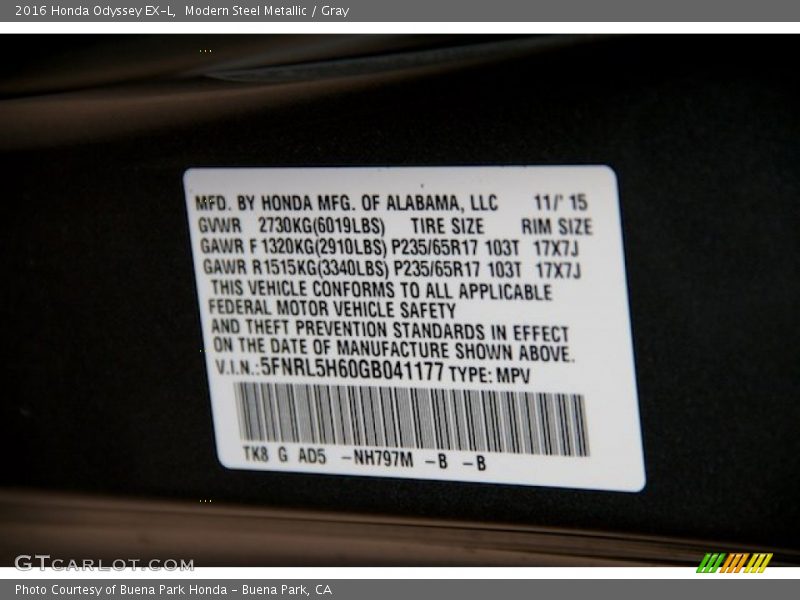 Modern Steel Metallic / Gray 2016 Honda Odyssey EX-L