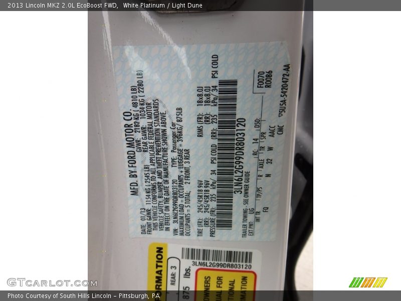 White Platinum / Light Dune 2013 Lincoln MKZ 2.0L EcoBoost FWD