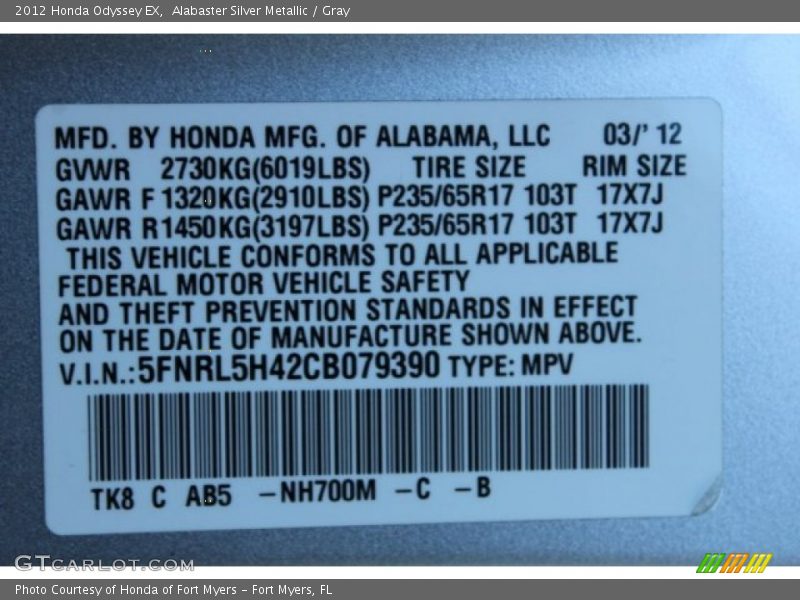Alabaster Silver Metallic / Gray 2012 Honda Odyssey EX
