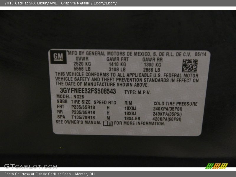 Graphite Metallic / Ebony/Ebony 2015 Cadillac SRX Luxury AWD