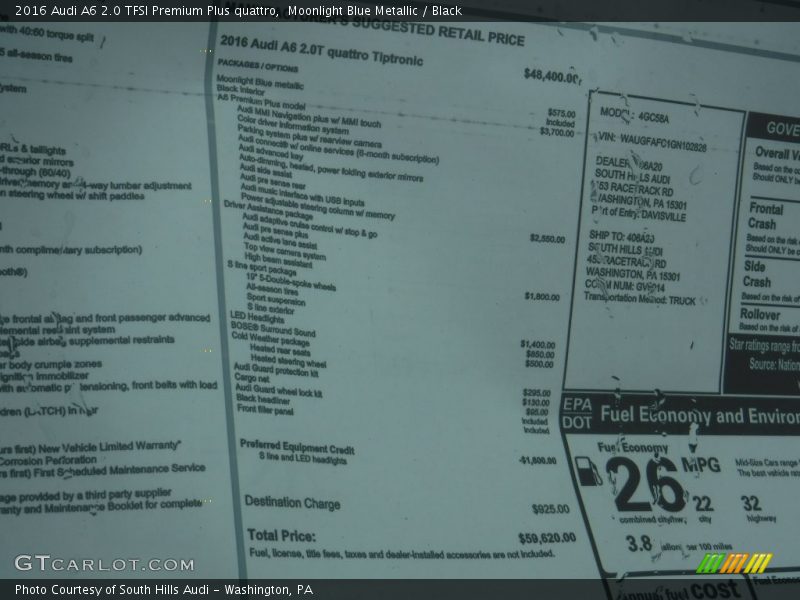 Moonlight Blue Metallic / Black 2016 Audi A6 2.0 TFSI Premium Plus quattro