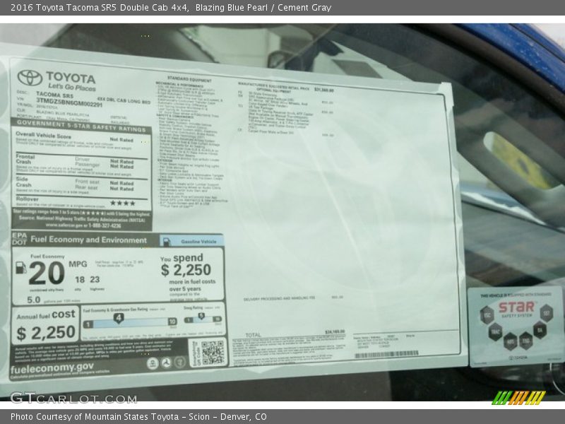 Blazing Blue Pearl / Cement Gray 2016 Toyota Tacoma SR5 Double Cab 4x4