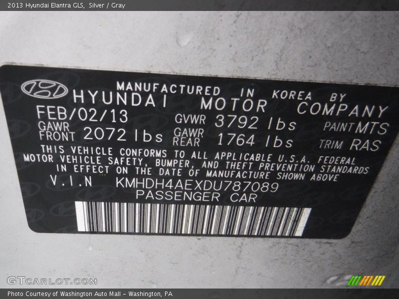 Silver / Gray 2013 Hyundai Elantra GLS