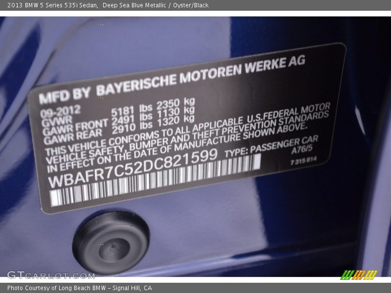 Deep Sea Blue Metallic / Oyster/Black 2013 BMW 5 Series 535i Sedan