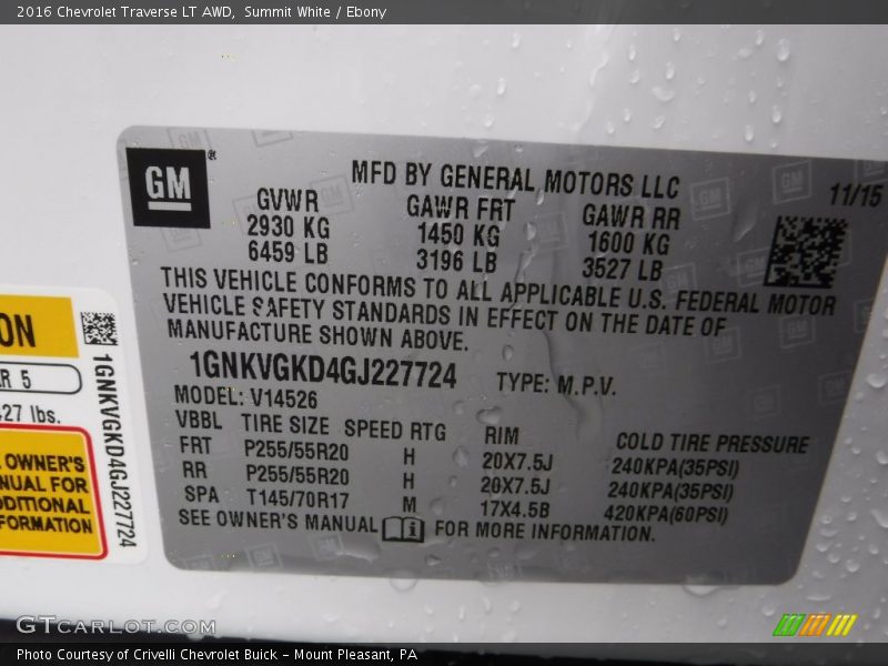 Summit White / Ebony 2016 Chevrolet Traverse LT AWD