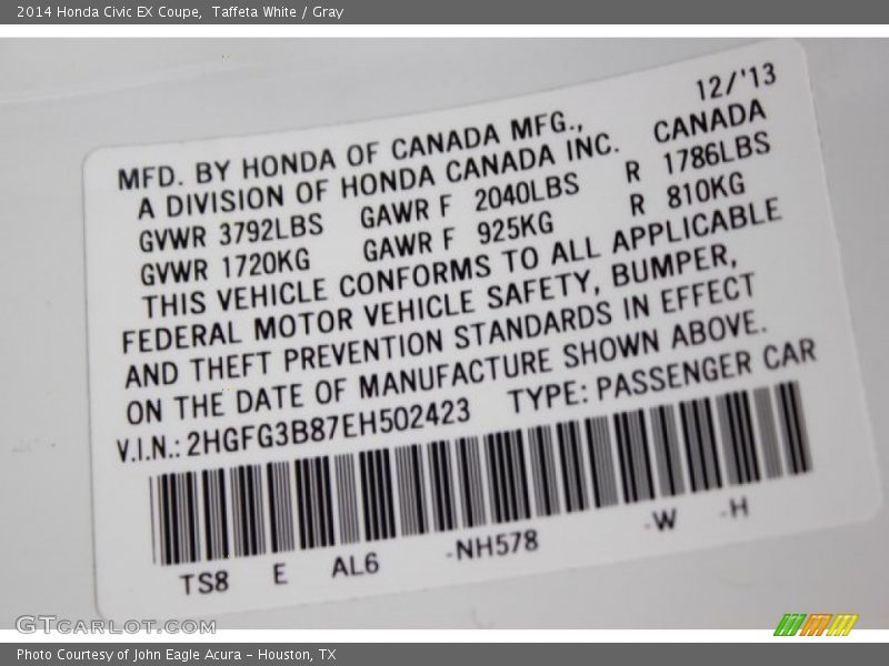 Taffeta White / Gray 2014 Honda Civic EX Coupe