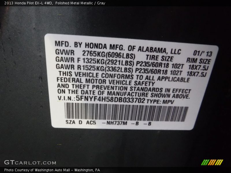 Polished Metal Metallic / Gray 2013 Honda Pilot EX-L 4WD
