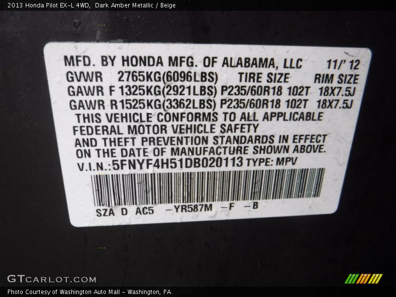 Dark Amber Metallic / Beige 2013 Honda Pilot EX-L 4WD
