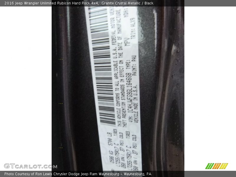 2016 Wrangler Unlimited Rubicon Hard Rock 4x4 Granite Crystal Metallic Color Code PAU