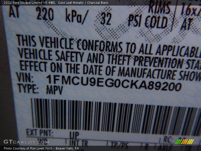 Gold Leaf Metallic / Charcoal Black 2012 Ford Escape Limited V6 4WD