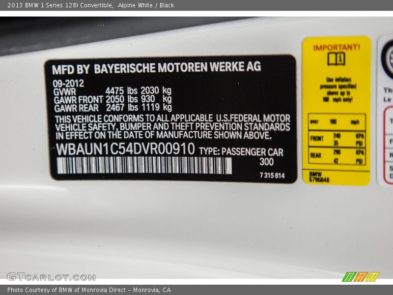 Alpine White / Black 2013 BMW 1 Series 128i Convertible