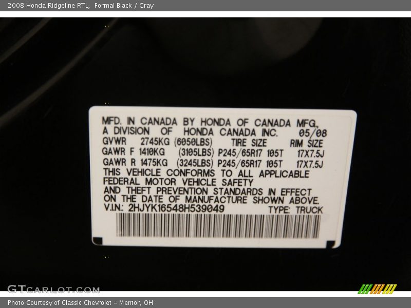 Formal Black / Gray 2008 Honda Ridgeline RTL