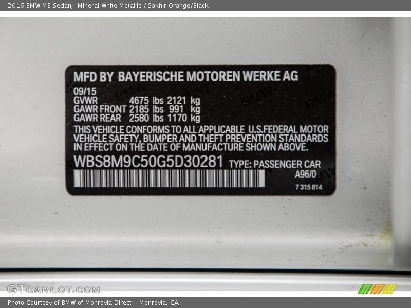 2016 M3 Sedan Mineral White Metallic Color Code A96