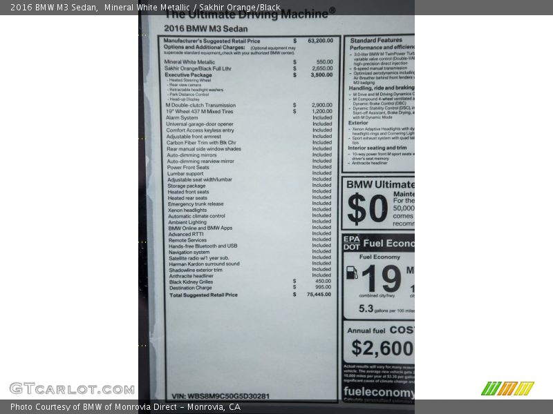 Mineral White Metallic / Sakhir Orange/Black 2016 BMW M3 Sedan