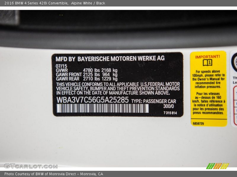 Alpine White / Black 2016 BMW 4 Series 428i Convertible