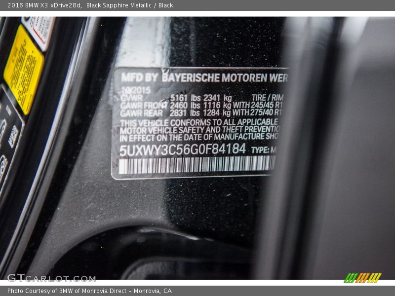 Black Sapphire Metallic / Black 2016 BMW X3 xDrive28d