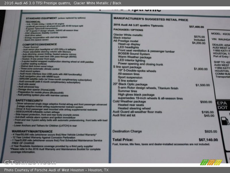 Glacier White Metallic / Black 2016 Audi A6 3.0 TFSI Prestige quattro
