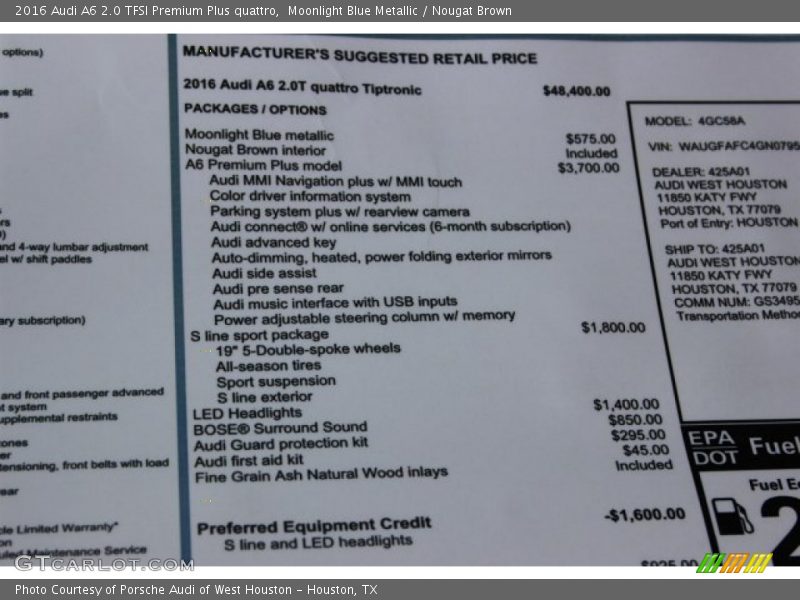 Moonlight Blue Metallic / Nougat Brown 2016 Audi A6 2.0 TFSI Premium Plus quattro