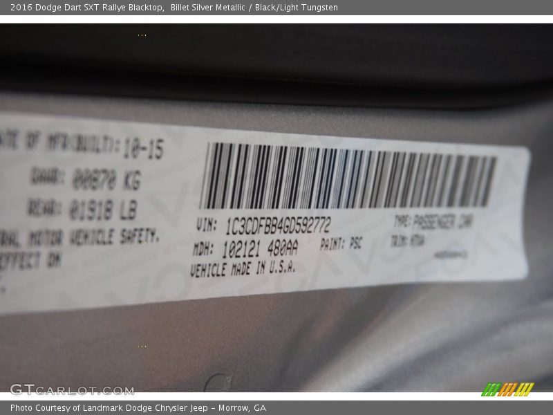 Billet Silver Metallic / Black/Light Tungsten 2016 Dodge Dart SXT Rallye Blacktop