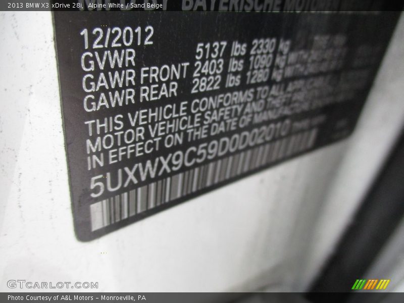Alpine White / Sand Beige 2013 BMW X3 xDrive 28i