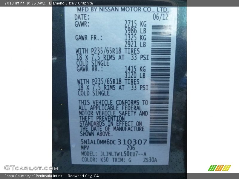 Diamond Slate / Graphite 2013 Infiniti JX 35 AWD