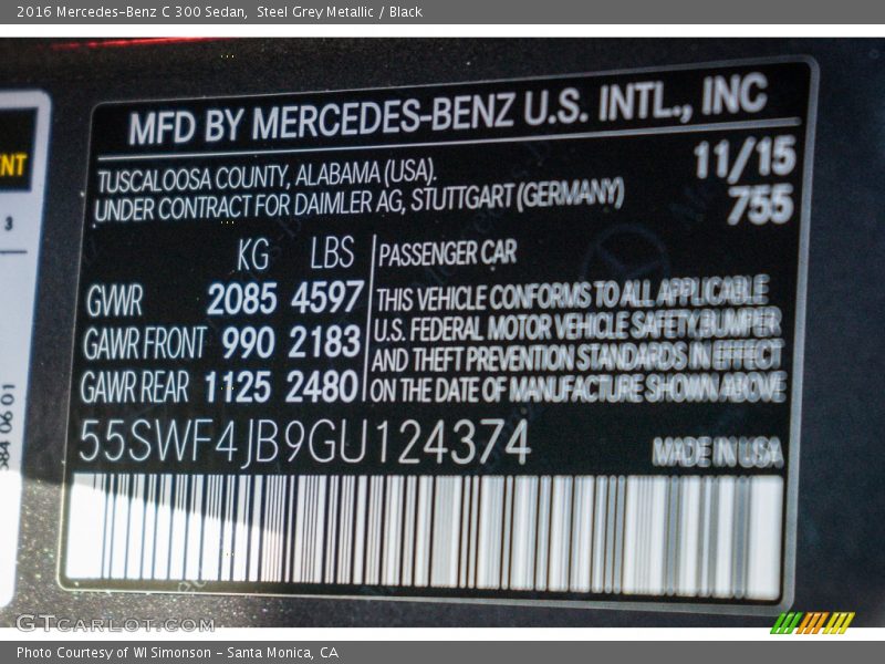 Steel Grey Metallic / Black 2016 Mercedes-Benz C 300 Sedan