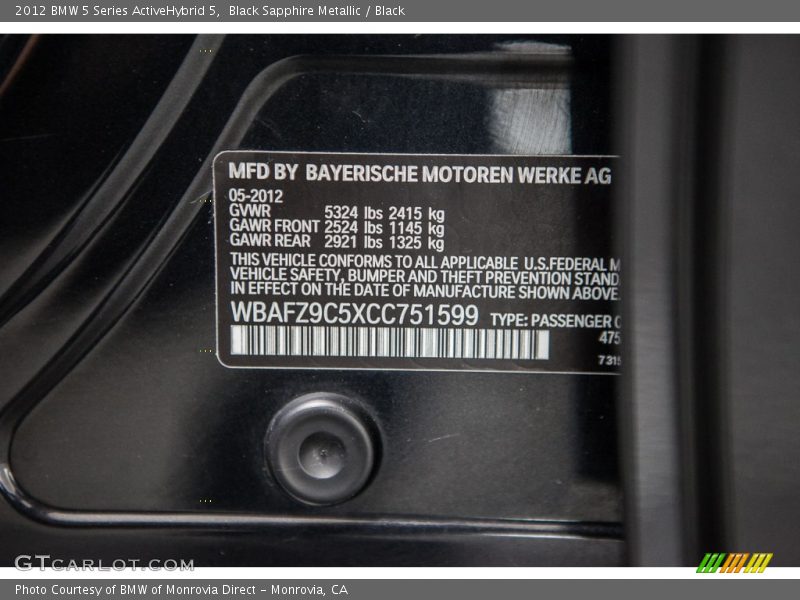 Black Sapphire Metallic / Black 2012 BMW 5 Series ActiveHybrid 5