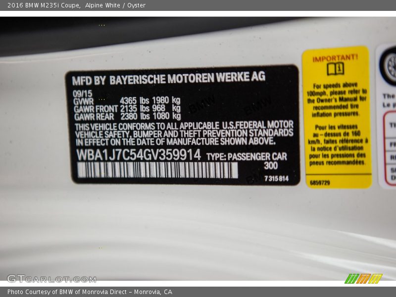 2016 M235i Coupe Alpine White Color Code 300
