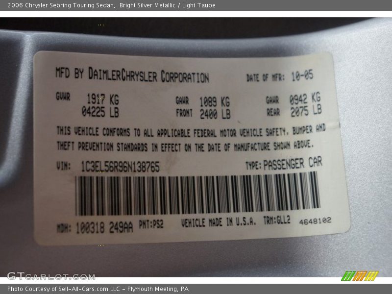 Bright Silver Metallic / Light Taupe 2006 Chrysler Sebring Touring Sedan