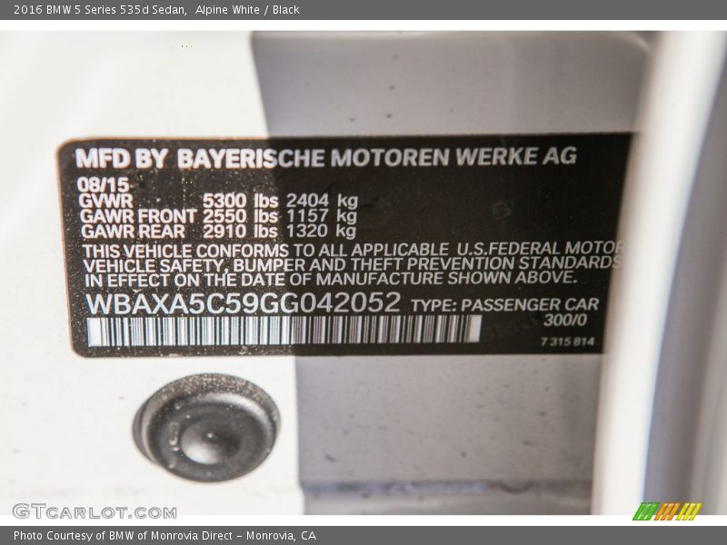 Alpine White / Black 2016 BMW 5 Series 535d Sedan