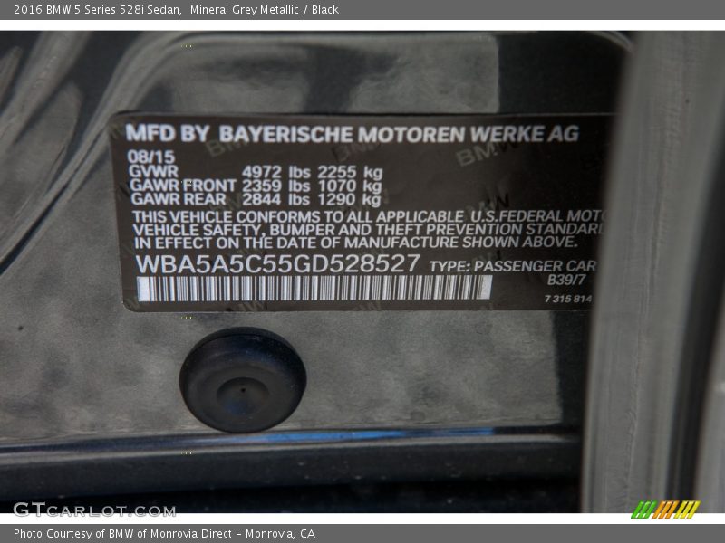 2016 5 Series 528i Sedan Mineral Grey Metallic Color Code B39