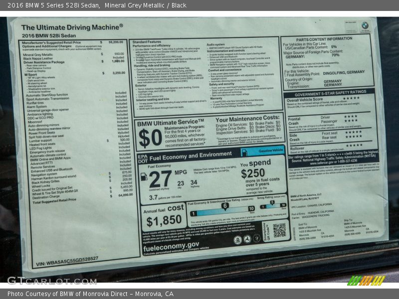  2016 5 Series 528i Sedan Window Sticker