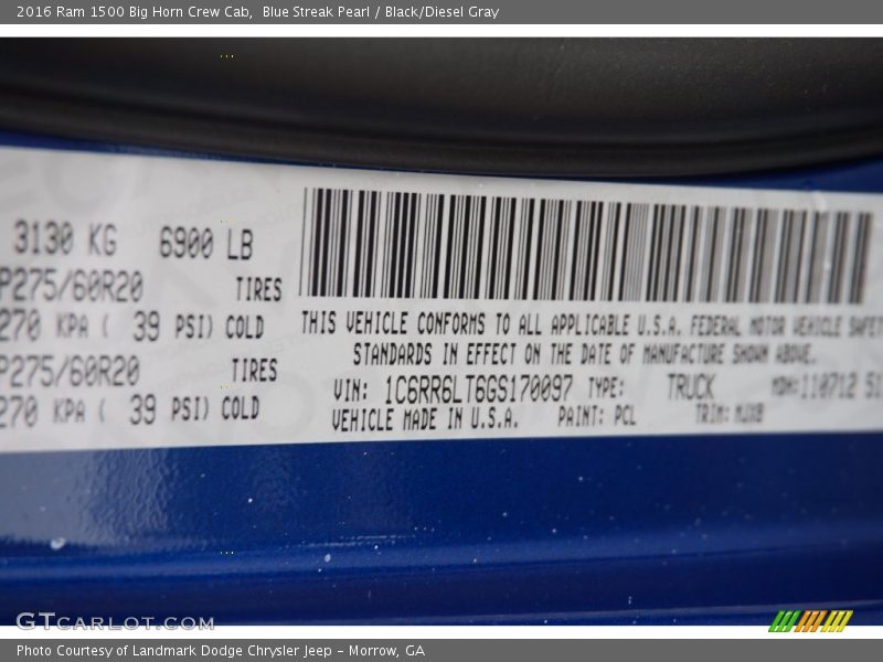 2016 1500 Big Horn Crew Cab Blue Streak Pearl Color Code PCL