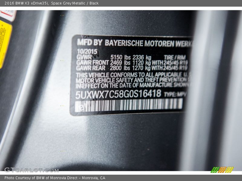 Space Grey Metallic / Black 2016 BMW X3 xDrive35i
