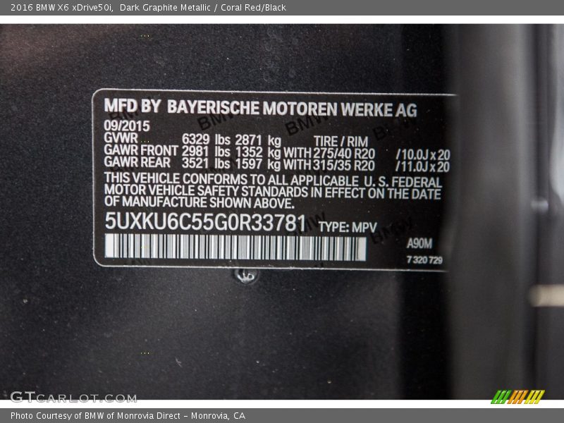2016 X6 xDrive50i Dark Graphite Metallic Color Code A90
