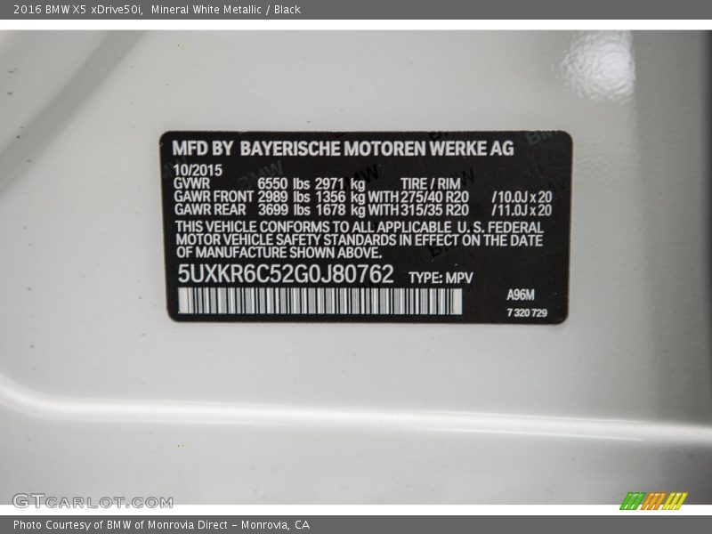 2016 X5 xDrive50i Mineral White Metallic Color Code A96