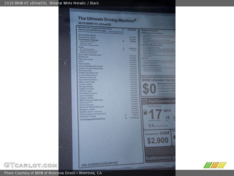  2016 X5 xDrive50i Window Sticker