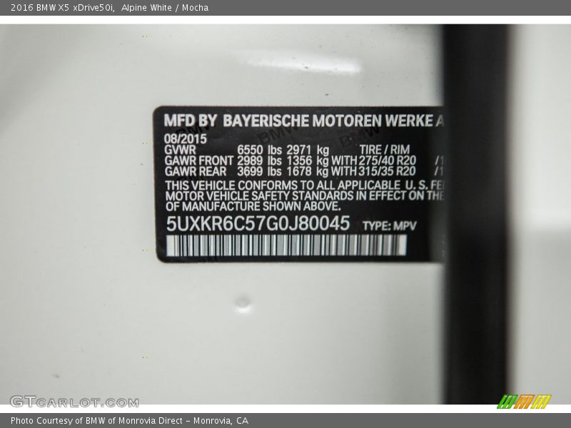 Alpine White / Mocha 2016 BMW X5 xDrive50i