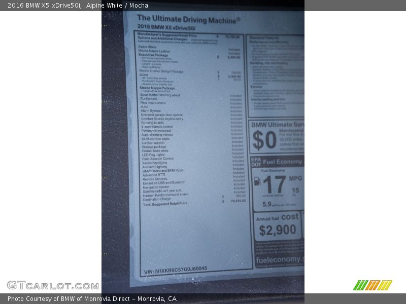  2016 X5 xDrive50i Window Sticker