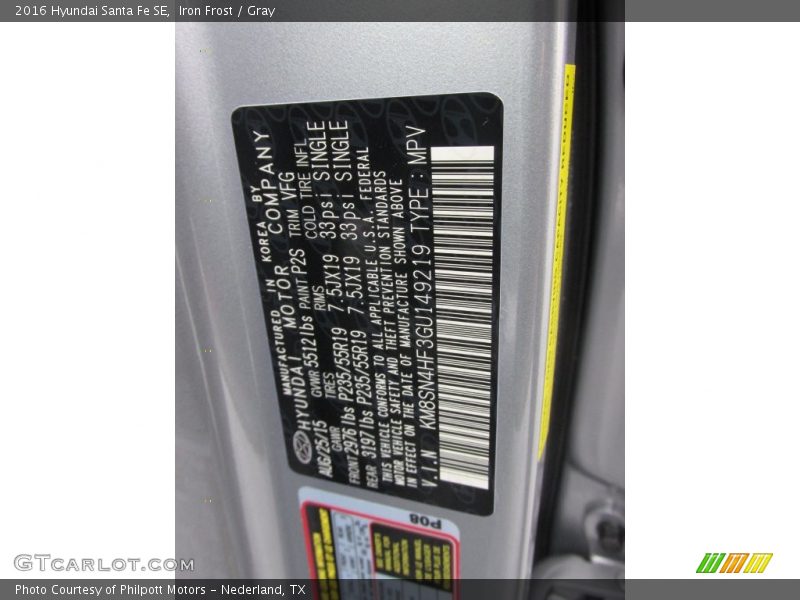 2016 Santa Fe SE Iron Frost Color Code P2S