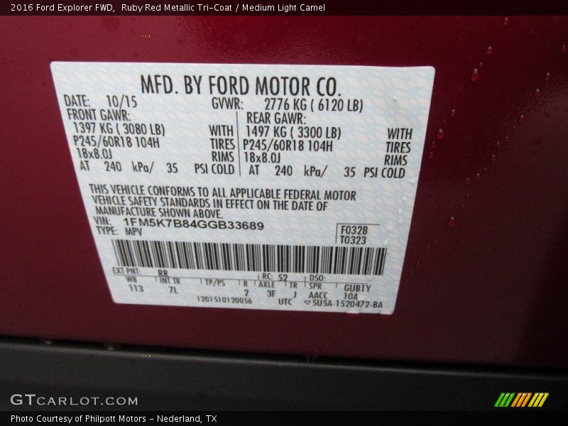 2016 Explorer FWD Ruby Red Metallic Tri-Coat Color Code RR