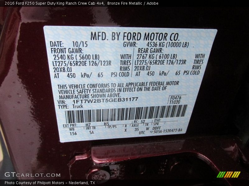 2016 F250 Super Duty King Ranch Crew Cab 4x4 Bronze Fire Metallic Color Code H7