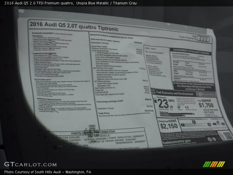 Utopia Blue Metallic / Titanium Gray 2016 Audi Q5 2.0 TFSI Premium quattro