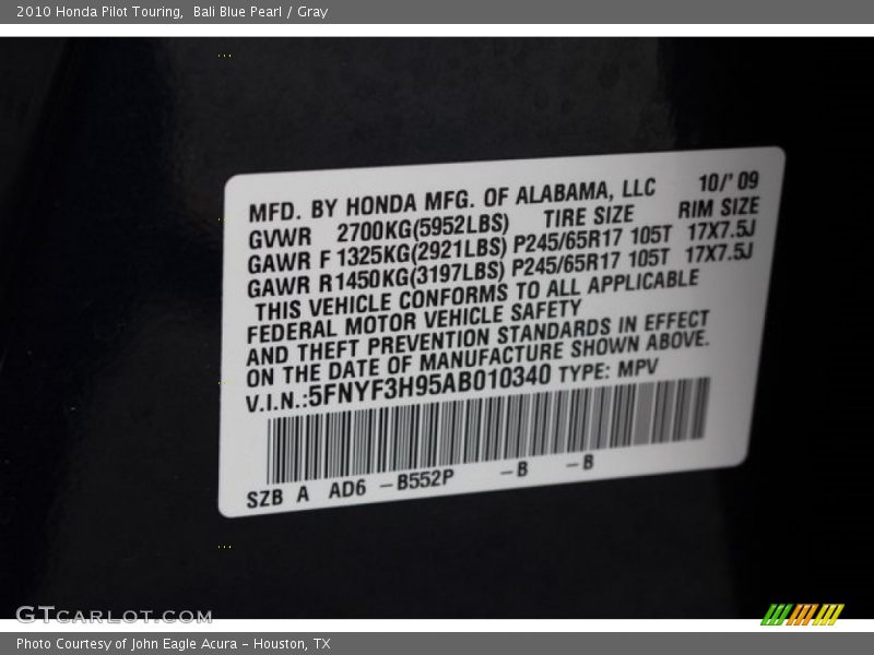Bali Blue Pearl / Gray 2010 Honda Pilot Touring