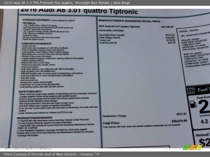 Moonlight Blue Metallic / Atlas Beige 2016 Audi A6 3.0 TFSI Premium Plus quattro