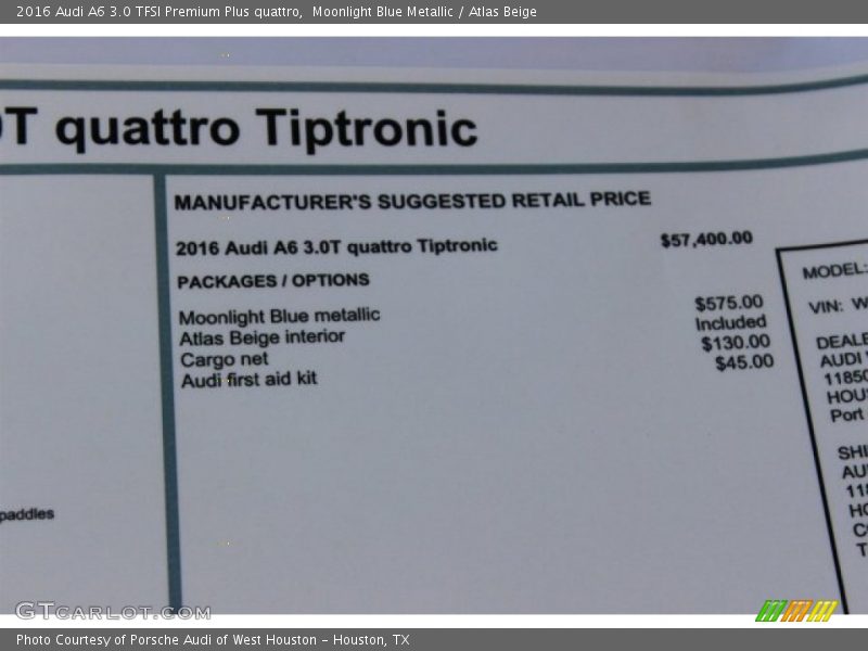 Moonlight Blue Metallic / Atlas Beige 2016 Audi A6 3.0 TFSI Premium Plus quattro