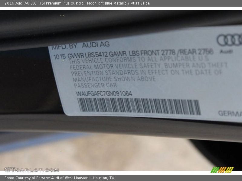 Moonlight Blue Metallic / Atlas Beige 2016 Audi A6 3.0 TFSI Premium Plus quattro