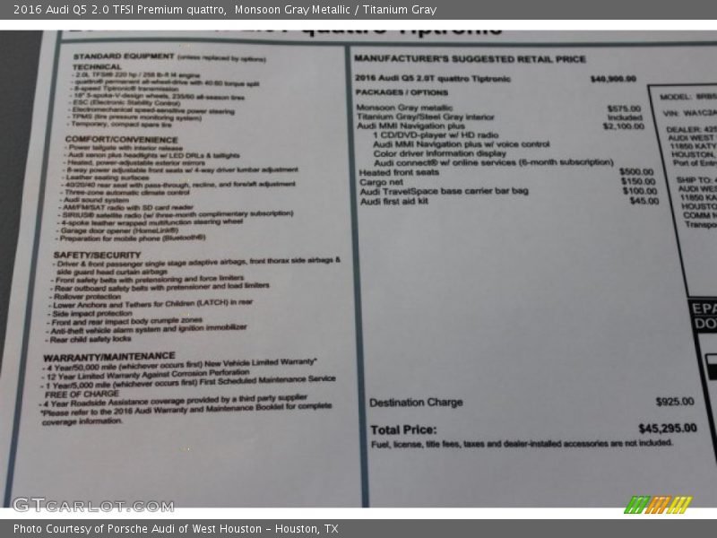 Monsoon Gray Metallic / Titanium Gray 2016 Audi Q5 2.0 TFSI Premium quattro